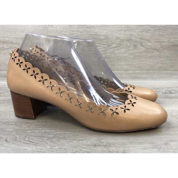 Michael Kors Thalia Women's Tan Leather Cutout Studded Block Heel Dress Pumps 9M - Picture 1 of 12